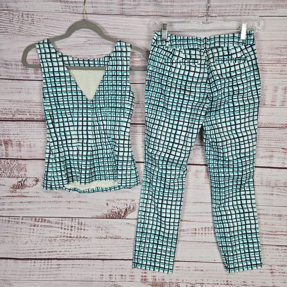 Kate Spade Tatiana Top & Mindy Pant Set 0/XS Brezeblock Blue White Plaid Preppy